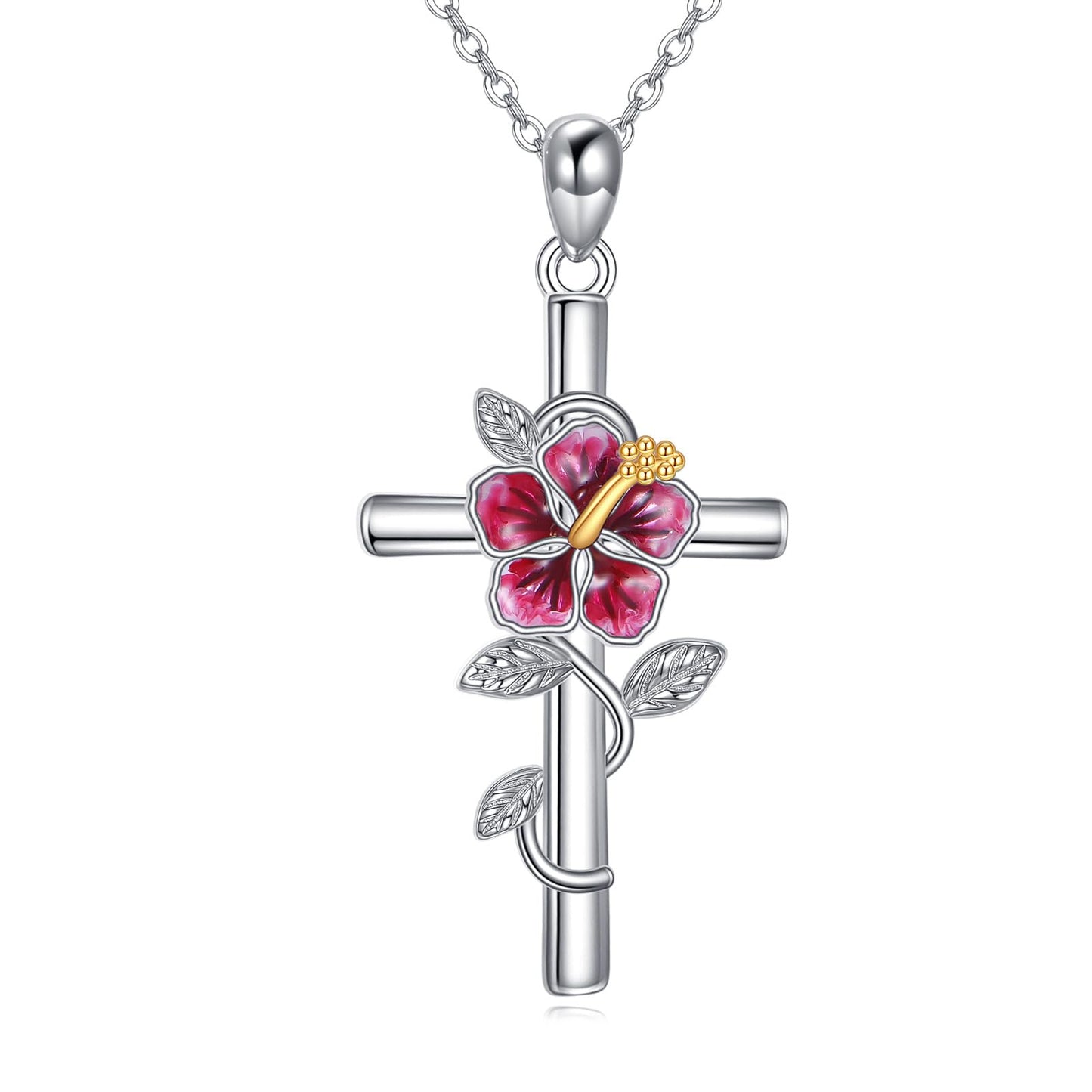 Hibiscus Necklace 925 Sterling Silver Hibiscus Cross Pendant Necklace Hawaiian Flower Jewelry for Women