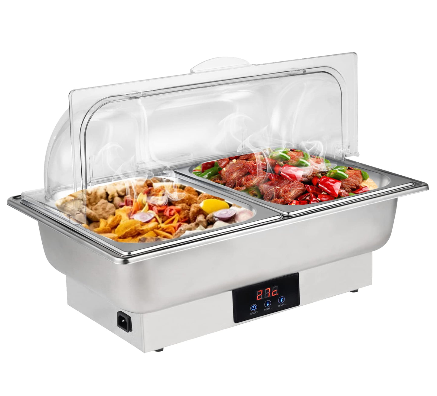 YMJOINMX Roll Top Chef Chafing Dish Buffet Set 2 Pan Food Warmer Buffet Servers and Warmers Digital Display Temperature Warming Tray Bain Marie Food Warmer for Parties Commercial Food Steam Table
