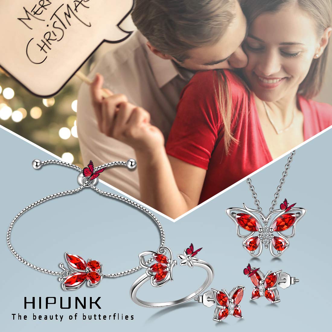 Hipunk Butterfly Red Jewelry Sets Birthstone Women 925 Sterling Silver January-Garnet Birth Stone Animal Butterflies Jewelry Sets/Earring/Ring/Bracelet Set Crystal Birthday Jewelry SS0003J