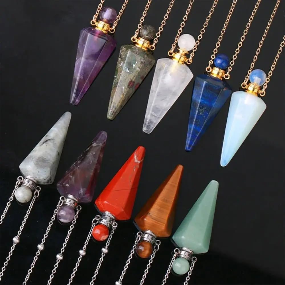 925 Sterling Silver Essential Oil Necklace For Women And Men, Natural Crystal Stone Cone Shape Pendant Necklace Healing Perfume Bottle Necklace Essential Oil Pendant Necklace (1 - Essential Oil Necklace)