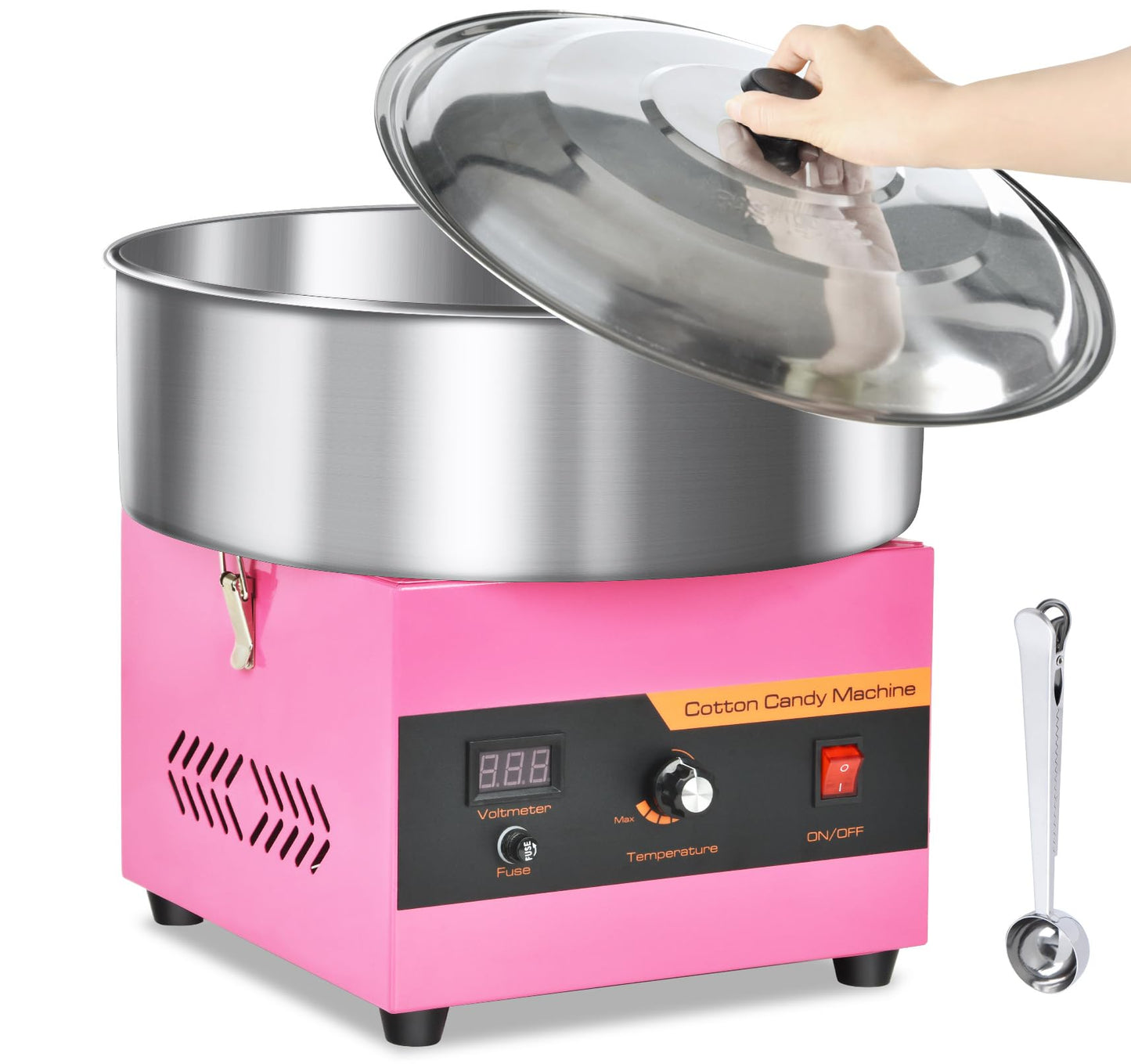 1000W Professional Cotton Candy Machine Kit with Stainless Steel Bowl, Cover, Sugar Scoop & 15" Transparent Acrylic Dome - for Kids Birthday, Family Party, Festival