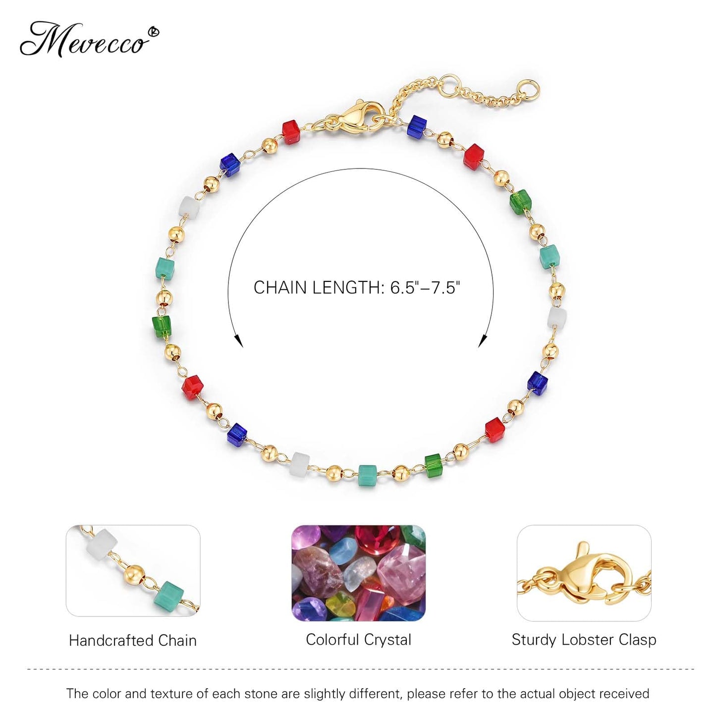 MEVECCO Gold Bracelet for Women 18K Gold Plated Colorful Square Crystal Stone Custom Handmade Mixed Beaded Charm Chain Bracelet Stack Jewelry Gifts