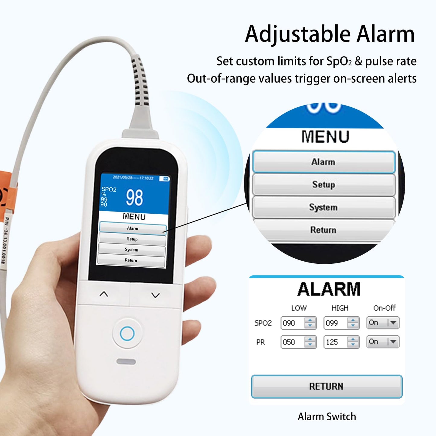 Handheld Pulse Oximeter for kids - Continuous Oxygen & Heart Rate Monitor with Adjustable SpO2 & Pulse Alarms - Pulse Oximeter Medical Grade for kids