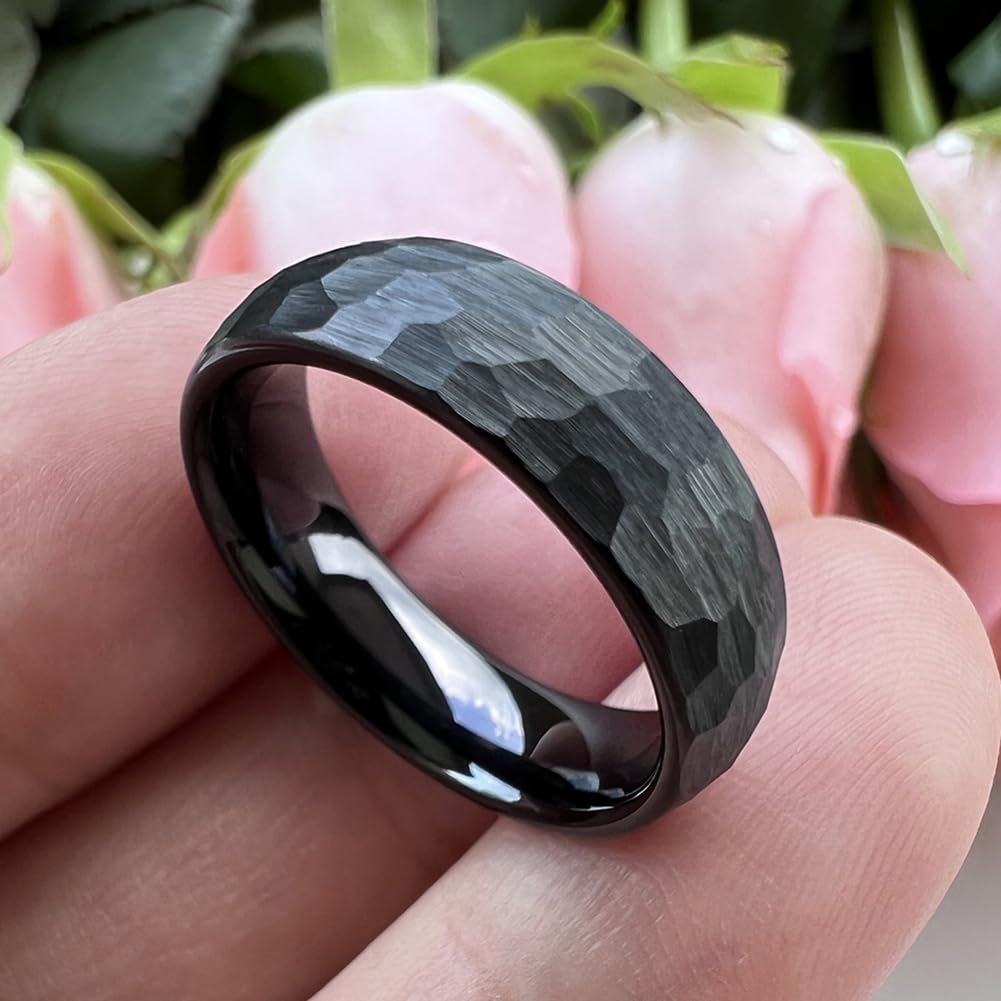 TUTISS 6mm Black Hammered Tungsten Rings for Men Women Fashion Engagement Wedding Bands Domed Matte Finish Comfort Fit Size 9