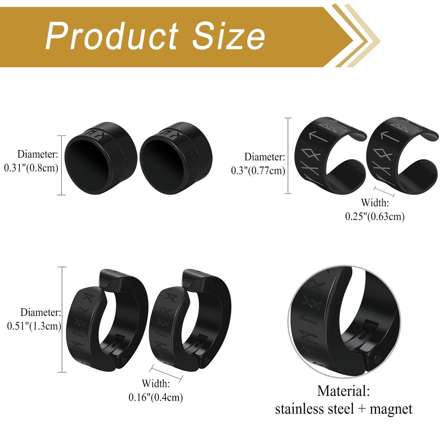 6PCS Viking Non-Piercing Magnetic Earrings: Stainless Steel Black Punk Fake Cheater Studs Clip On Jewelry for Men Women