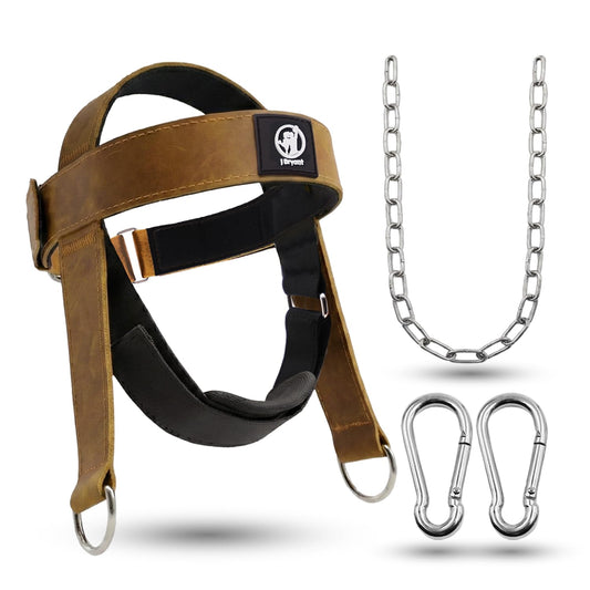 Leather Neck Harness for Weight Lifting – Adjustable Head Strap with Heavy-Duty Steel Chain & Microfiber Padding – Neck Exerciser for Bodybuilding, Boxers & Gym Workout (Brown)