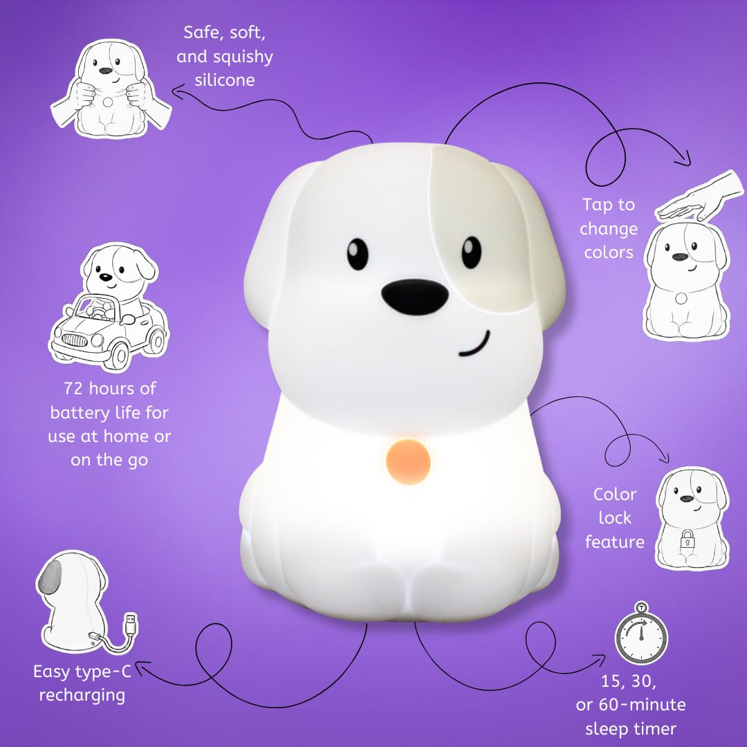 Lumipets Pepper The Puppy Dog Squishy Silicone Night Light for Kids | Cute Night Light with Remote & Touch Control for Baby & Toddler Bedrooms | Color Changing Animal Lamp | Soft Portable Nightlight