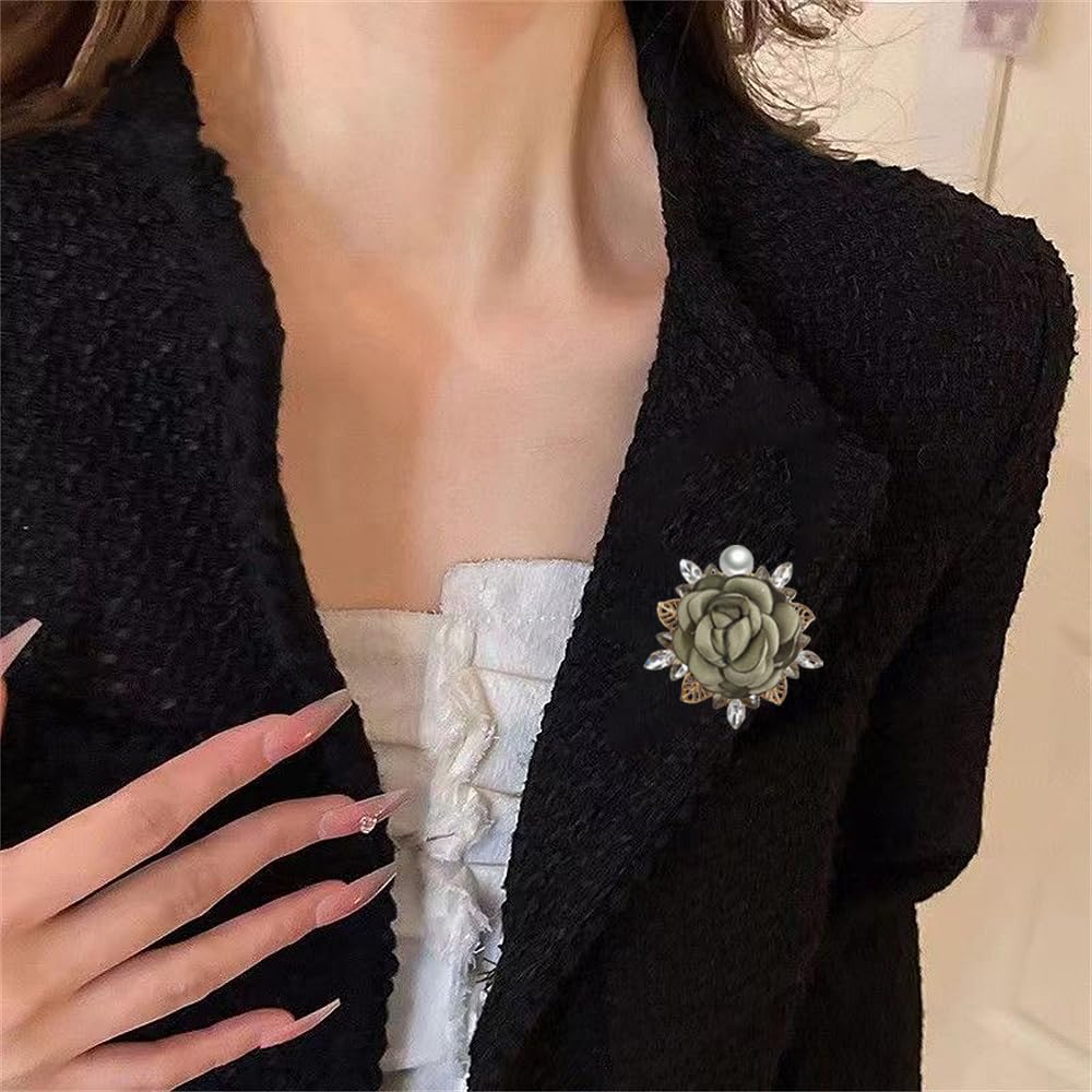 Elegant Rose Flower Brooch Pin for Women Men Wedding Party Gentleman's Essentials Handmade Imitation Crystal Pearl Fabric Flower Lapel Pin Dress Suit Accessories Boutonniere Ideas Gift (Green)