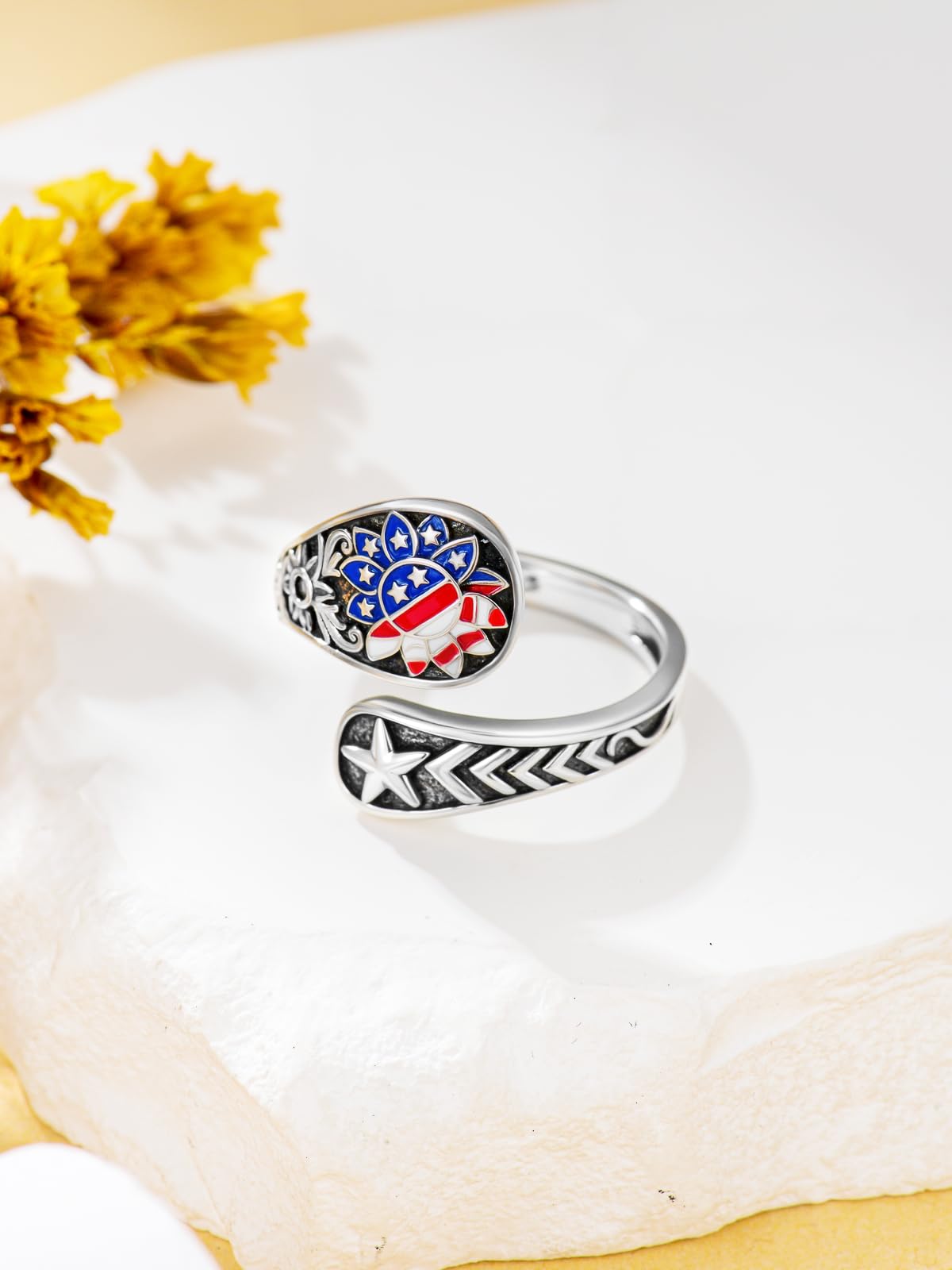 Midari American Flag Sunflower Spoon Rings for Women 925 Sterling Silver Adjustable Patriotic Rings Open Spoon Thumb Rings Red White and Blue Jewelry for Women Men Birthday Independence Day Gifts
