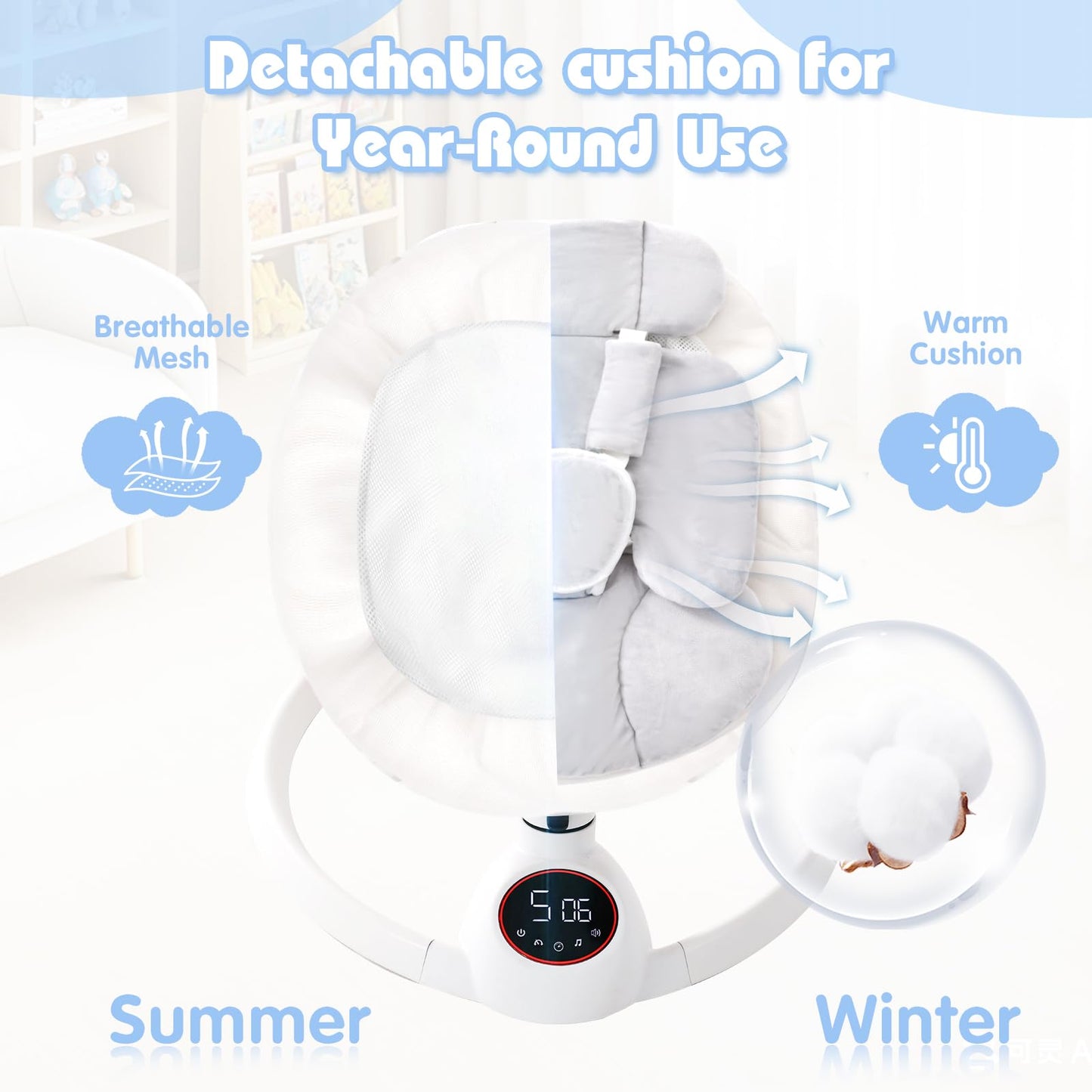Soobaby Baby Swing for Infants,Electric Swing for Babies,Portable Swing for Baby Boy Girl,Remote Control Indoor Baby Rocker with 5 Sway Speeds,Music and Bluetooth,Bright Gray