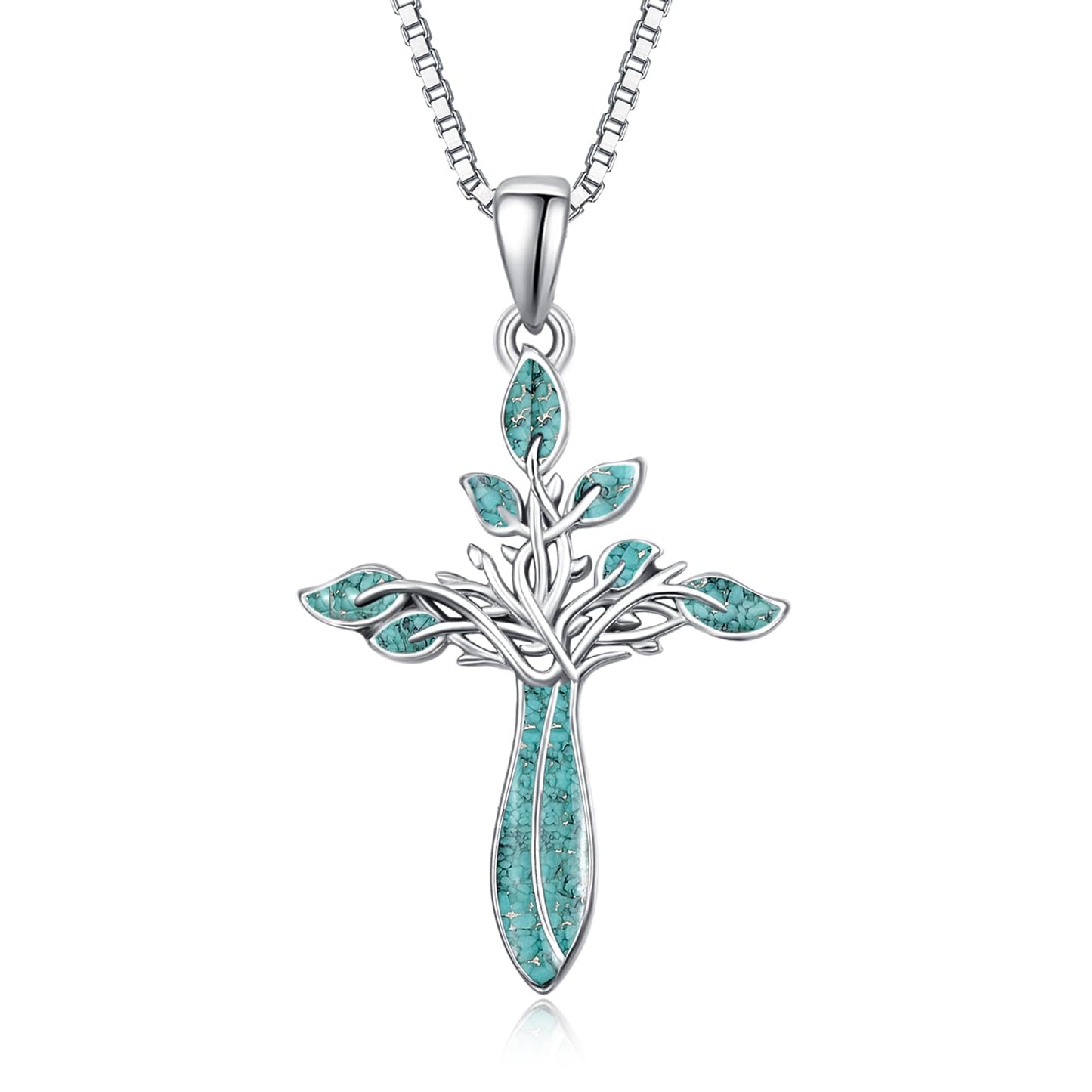 Dreamboat Turquoise Cross Necklace for Women Sterling Silver Cross Pendant Tree of Life Necklace Abalone Shell Faith Confirmation Gifts Christian Religious Jewelry for Mom