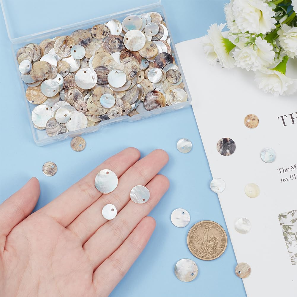 PH PandaHall 240 Pieces 3 Styles 10/12/15mm Natural Shell Beads, Flat Round Mother of Pearl Beads Shell Coin Charms Bead for Craft Making, Home Decoration, Necklace, Bracelet DIY