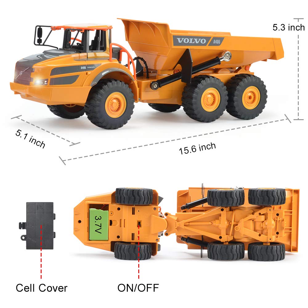 DOUBLE E Volvo RC Dump Truck Toy for Kids, Articulated Hauler, Remote Control Construction Toys Vehicles with Lights, Birthday Gifts Ideas for Boys Age 6 7 8 9 10 Year Old and up