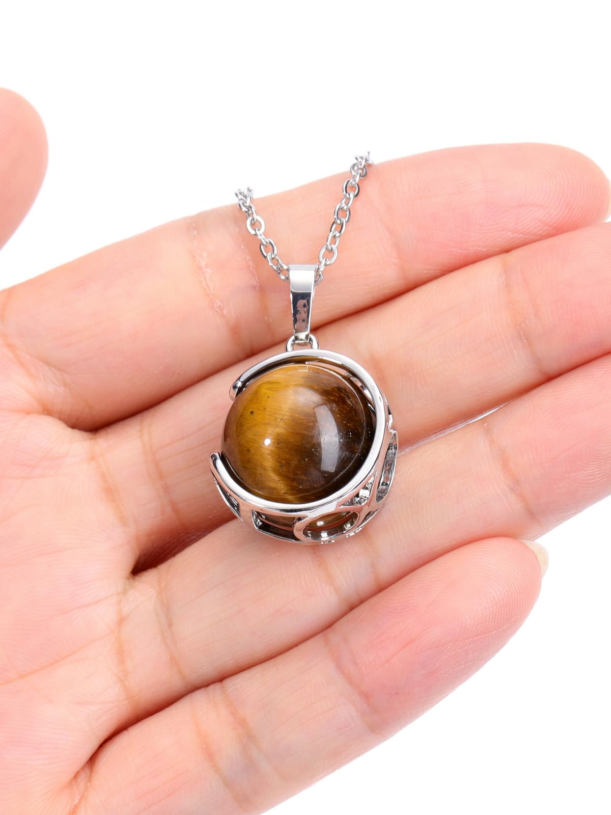 Top Plaza Tiger Eye Stone Healing Crystal Necklace Round Ball Rotating Natural Gemstone Pendant Necklace for Women Energy Jewelry Christmas Gifts