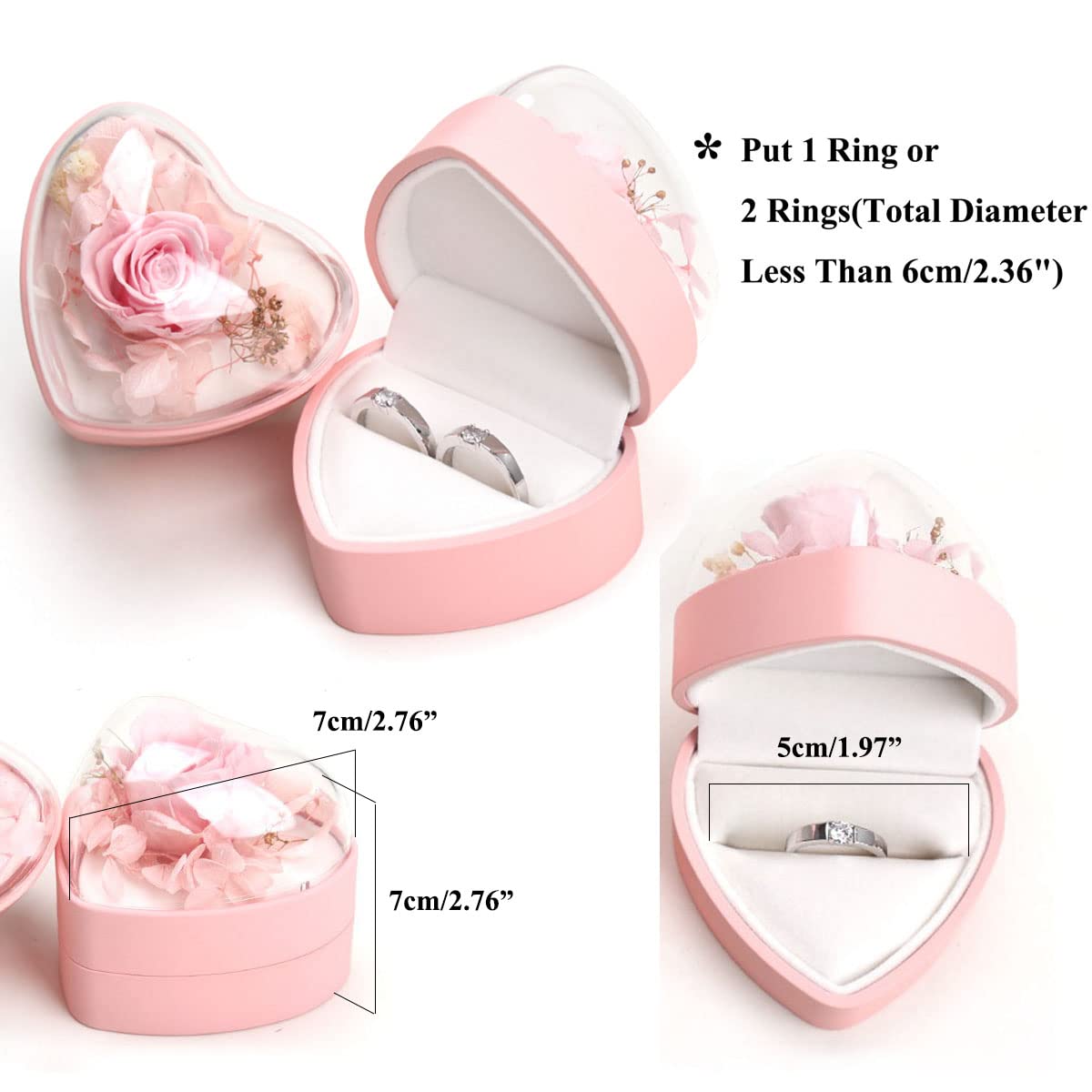 Hsiwto Preserved Flower Rose Ring Box, Heart Shape Velvet Jewelry Box for Valentine's Day Mother's Day Wedding Anniversary Birthday Gift, Pink
