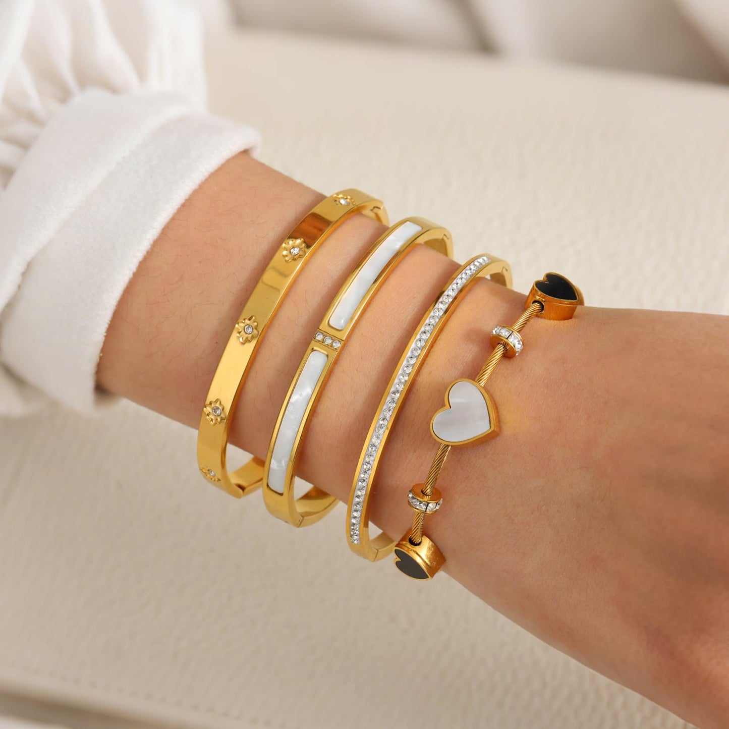 Women's 18K Gold Plated Stainless Steel Bracelet Set (6cm/2.3inch) - Waterproof Delicate Stackable Bangle Set with Mother of Pearl, Heart Design & Cubic Zirconia for Women Jewelry Gifts (4pcs Bracelet Set A)