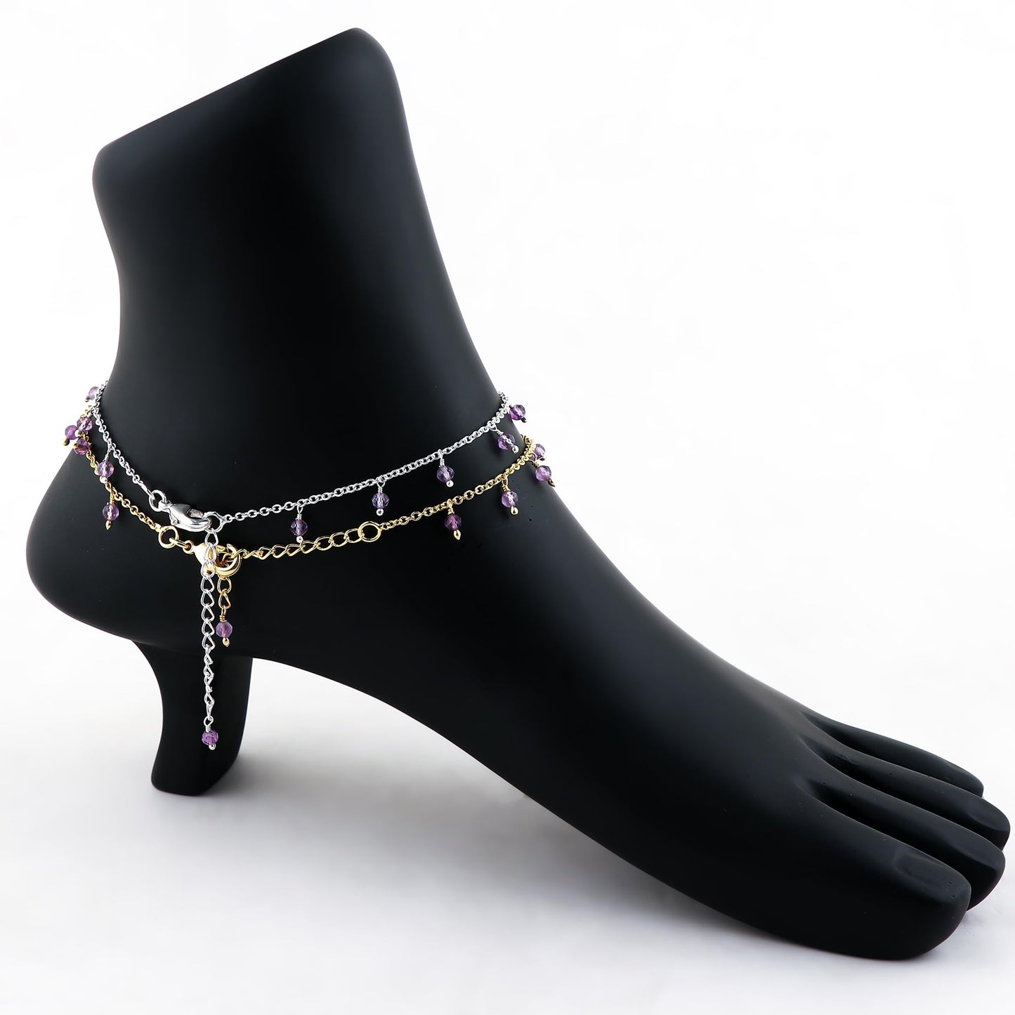 JOR Natural Amethyst Beaded Rosary Anklet, Handmade Craft, Anklet Beads Bracelet, Chakra Healing, Gemstone Women Jewelry, Dainty Gold and Silver Plated Combo Anklet 9 inch + 1.5 inch (2pcs)