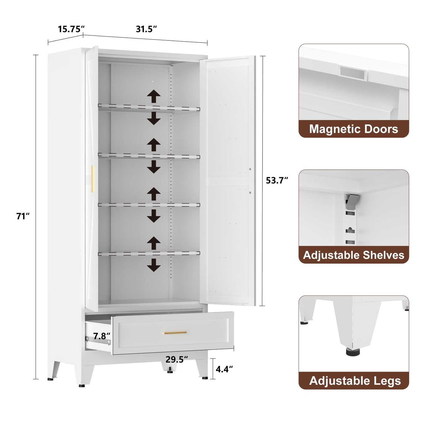 LCAOPC 71" Tall Metal Pantry Storage Cabinet with Drawer and Adjustable Shelves, Freestanding Kitchen Cupboard Storage Cabinet for Kitchen,Dining Room, Living Room, White