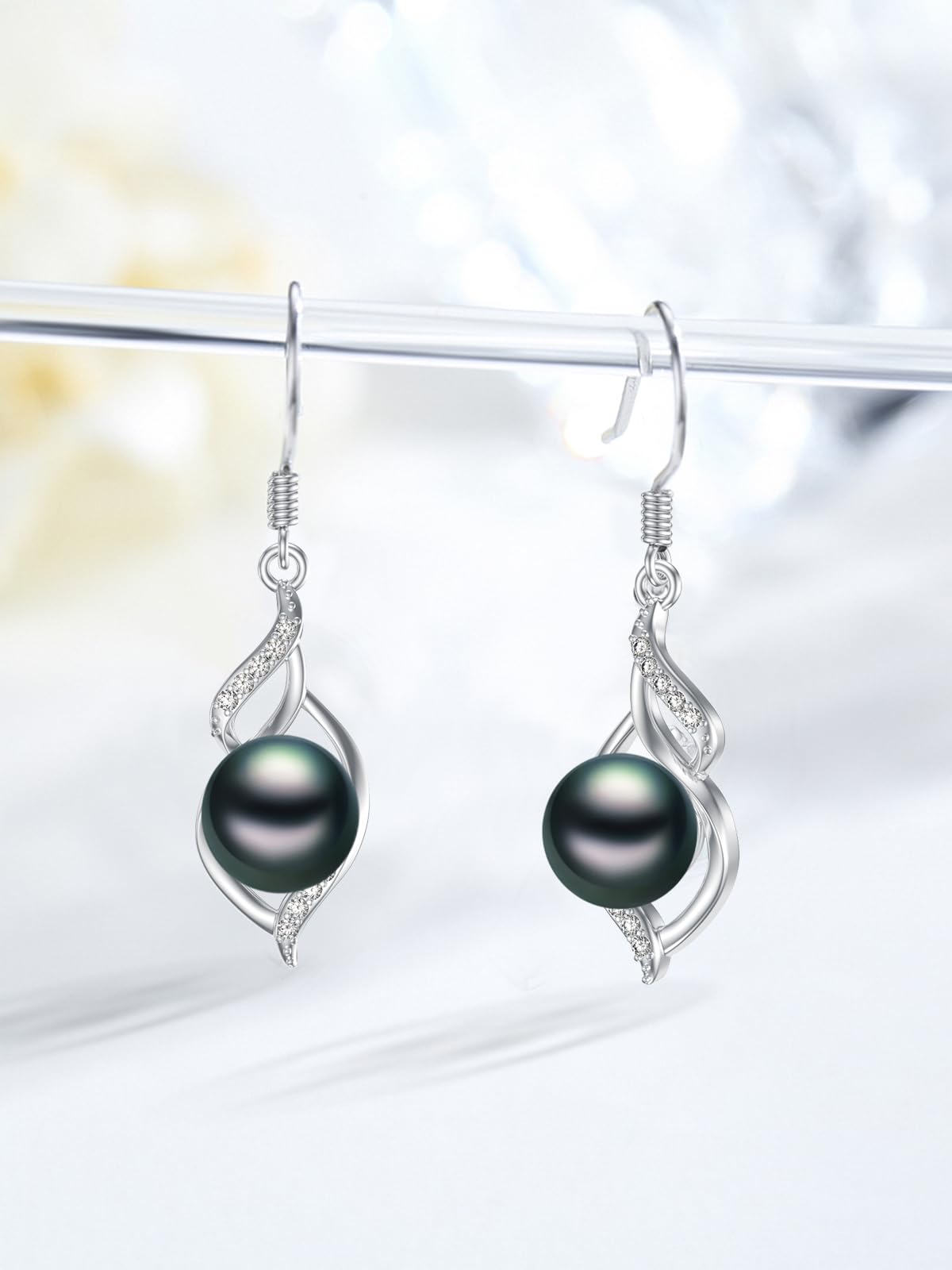 KANNSOAR 7MM Tahitian Black Pearl Dangle Drop Earrings, 18K White Gold Plated Sterling Silver Everyday Earrings for Women Wife Girlfriend Hypoallergenic Jewelry Gift for Anniversary Birthday Christmas