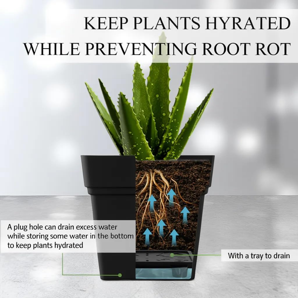 RooTrimmer 6-Pack 7" Square Planters with Built-in Drainage Tray – Heavy-Duty Black Plastic Planter with Drainage Hole and Bottom Stopper, BPA-Free Plant Pots Matte Finish for Indoor Outdoor