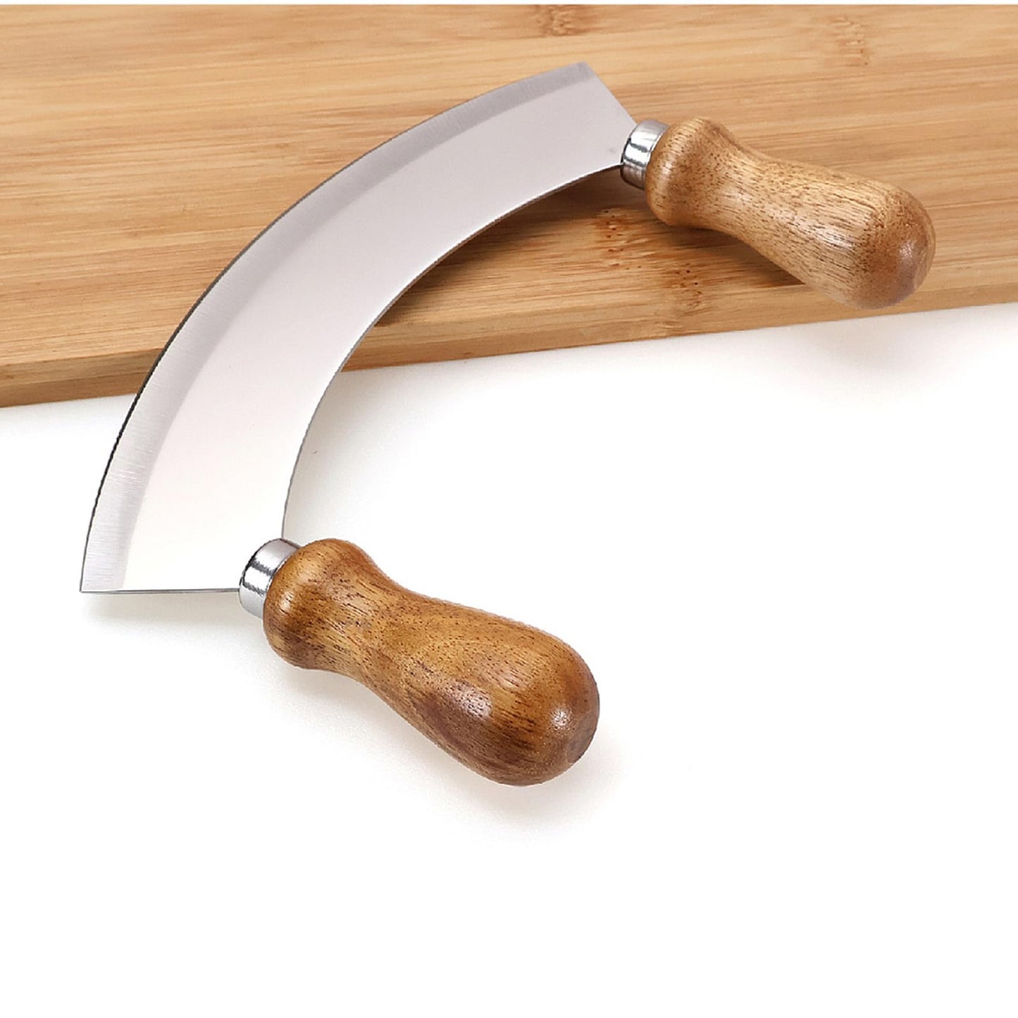 ROQILA 6.8 Inch Stainless Steel Mezzaluna Knife - Salad Chopper Rocker Pizza Cutter Rocker Knife Curved Blade Sharp Blade Double Acacia Wood Handle Fruit Vegetable Mincing (6.8 Inch Silver)