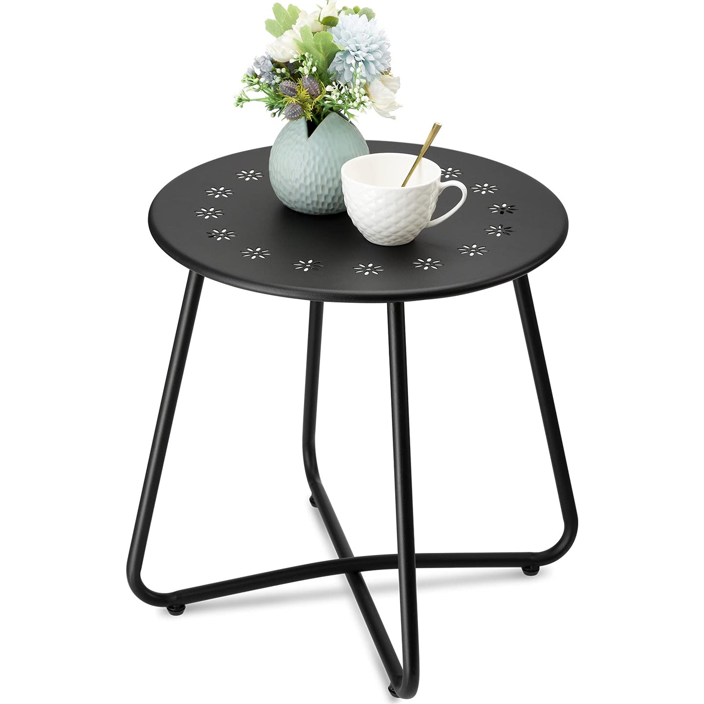 danpinera Outdoor Side Tables with Flower Cut Outs, Weather Resistant Steel Patio Side Table, Small Round Outdoor End Table Metal Side Table for Patio Yard Balcony Garden Black