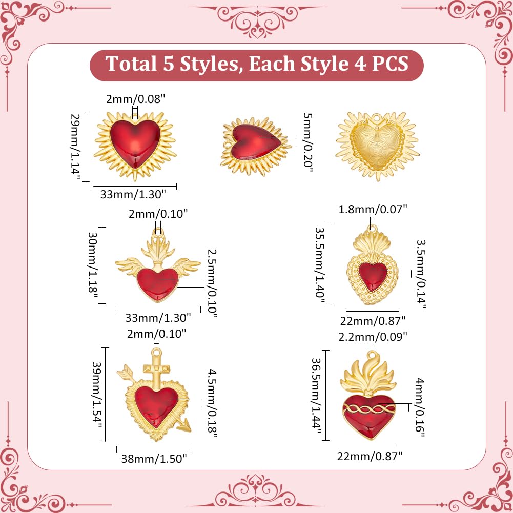 UNICRAFTALE 20Pcs 5 Styles Heart Charm Alloy Enamel Pendants Golden Sacred Heart Charm Red Heart Thistles Thorns Fancy Enamel Charm for Jewelry Making Charms Valentine's Day DIY Crafts Supplies