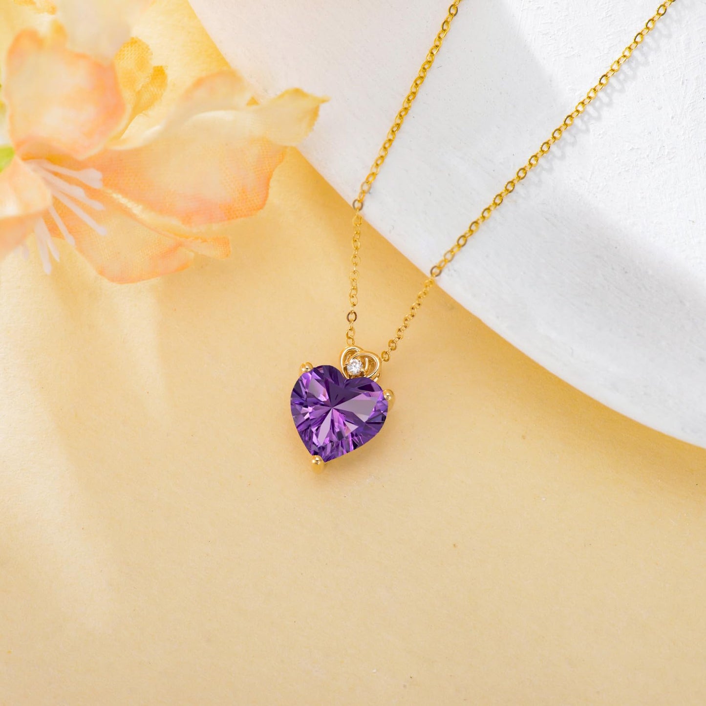 NFYBD 14k Gold Love Heart Amethyst Birthstone Pendant Necklace for Women 3 Carat Heart-cut Created Gemstone Anniversary Birthday Mother's Day Necklaces for Her 16+1+1 inch-Feb