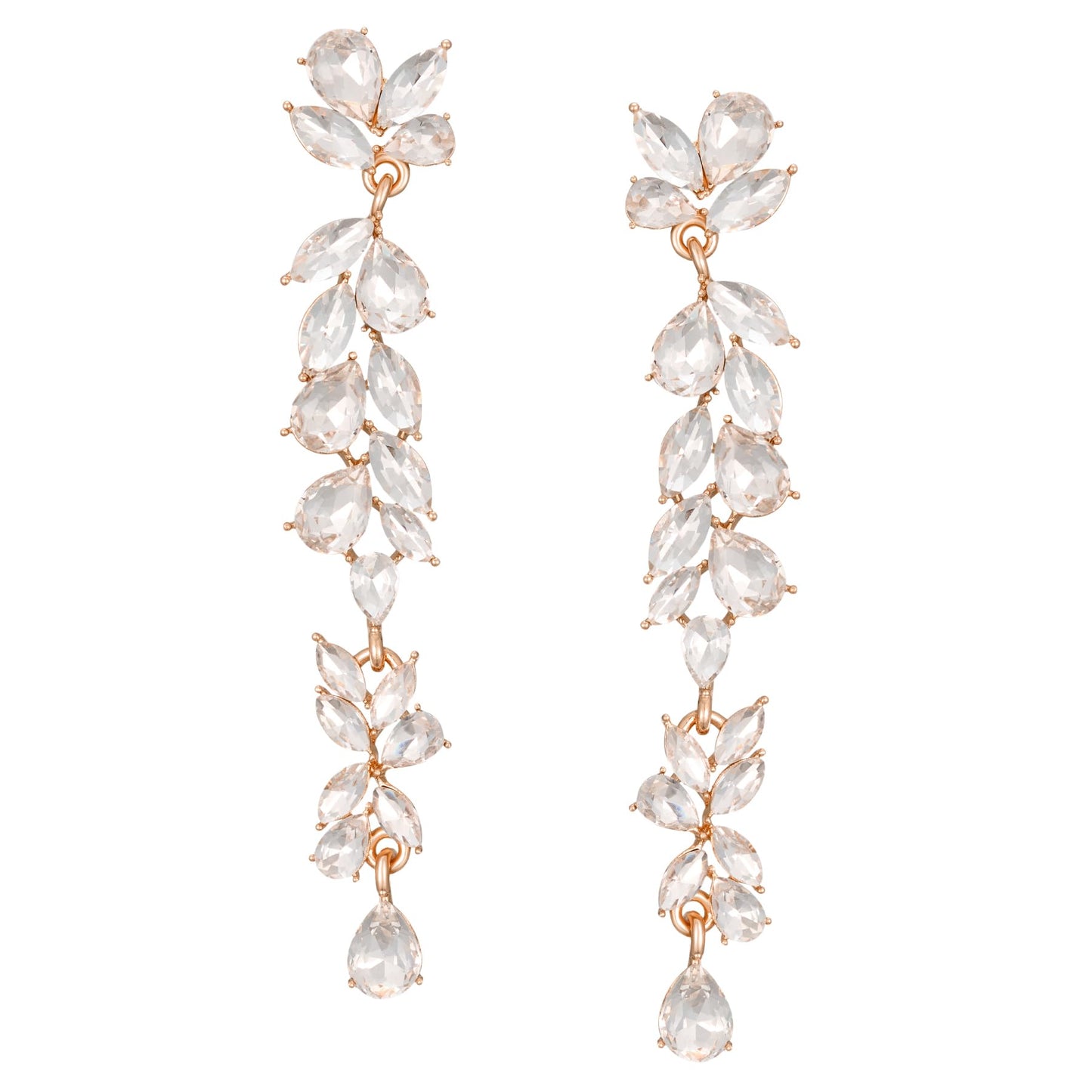 SWEETV Long Rhinestone Dangle Earrings for Women, Wedding Bridal Earrings for Brides, Crystal Chandelier Drop Earrings for Prom or Pageant, Rose Gold