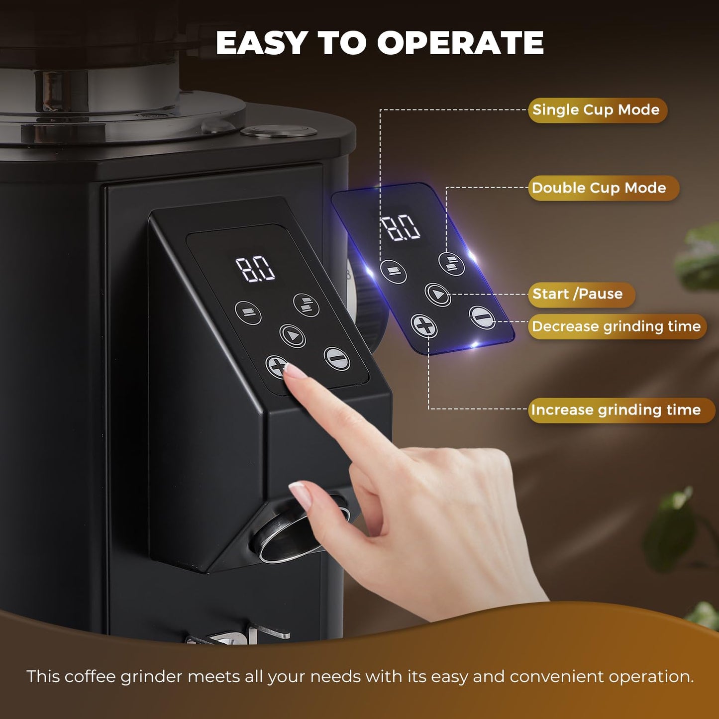 Flyseago Commercial Coffee Grinder Heavy Duty - 64mm SS Flat Burrs, 8 Precise Settings, Button Control, 35oz Hopper, Business and Home Use, Black 400W