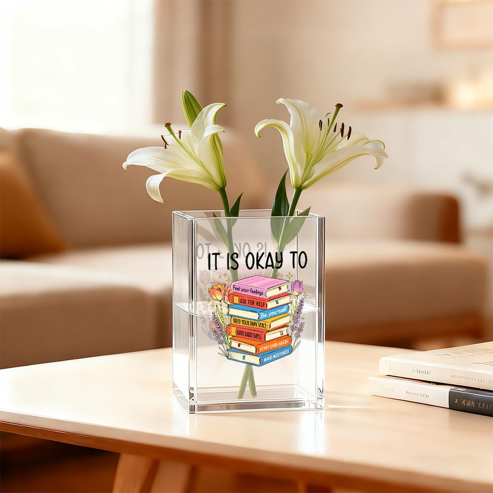 Gkodw It Is Okay Acrylic Cosmetic Organizer Pen Holder, Funny Acrylic Desk Holder Cup for Pen Pencil, Mental Health Gifts for Book Lovers Staff Leader Friend, Positive Vibes Office Gifts for Coworker