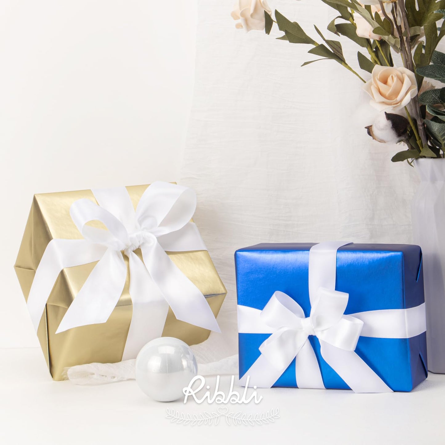 Ribbli White Satin Ribbon Double Faced Satin 1 inch x Continuous 50 Yards-White Ribbon for Gift Wrapping Crafts Wedding Decoration Bows Bouquet Floral Arrangement