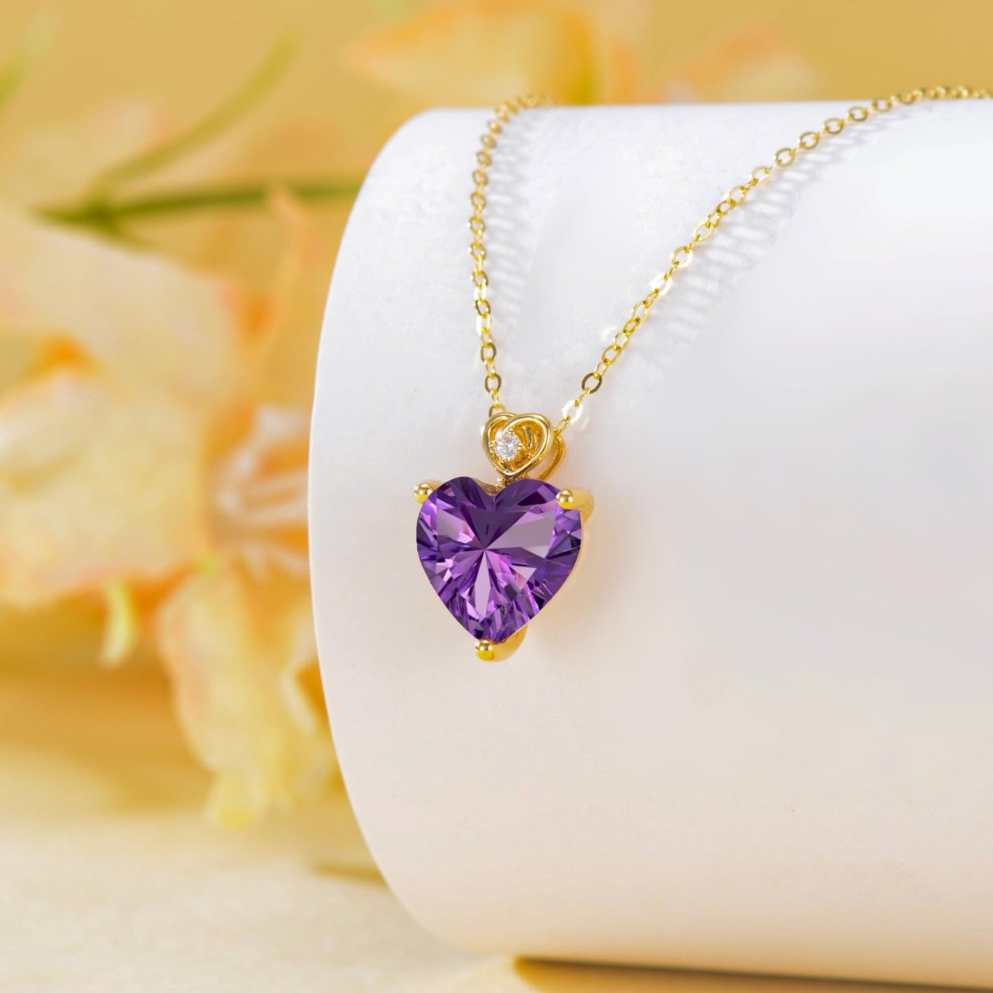 NFYBD 14k Gold Love Heart Amethyst Birthstone Pendant Necklace for Women 3 Carat Heart-cut Created Gemstone Anniversary Birthday Mother's Day Necklaces for Her 16+1+1 inch-Feb