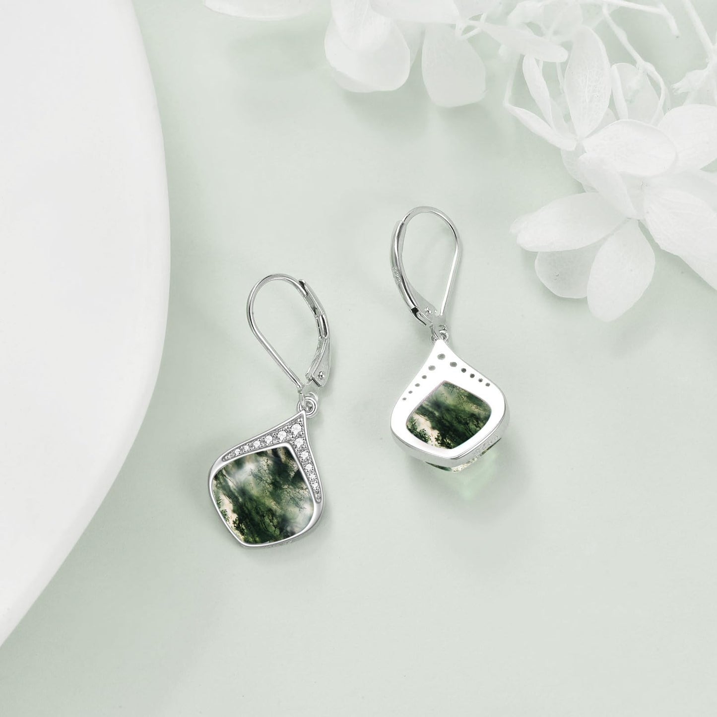 Moss Agate Teardrop Earrings for Women Sterling Silver Cubic Zirconia Teardrop Drop cubic Zirconia Dangle Earrings Jewelry Christmas Gifts for Women