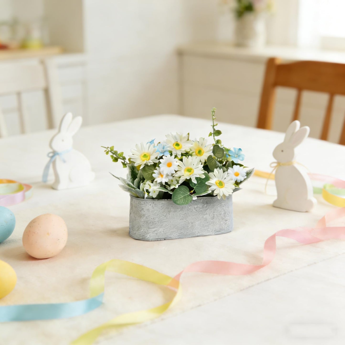 ZKIEIRE Floral Centerpieces for Tables, 12 Inch Small Artificial Flowers in Metal Pot with White Daisy Arrangement, Farmhouse Fake Potted Faux Plant for Spring Summer All Season Indoor Outdoor Decor