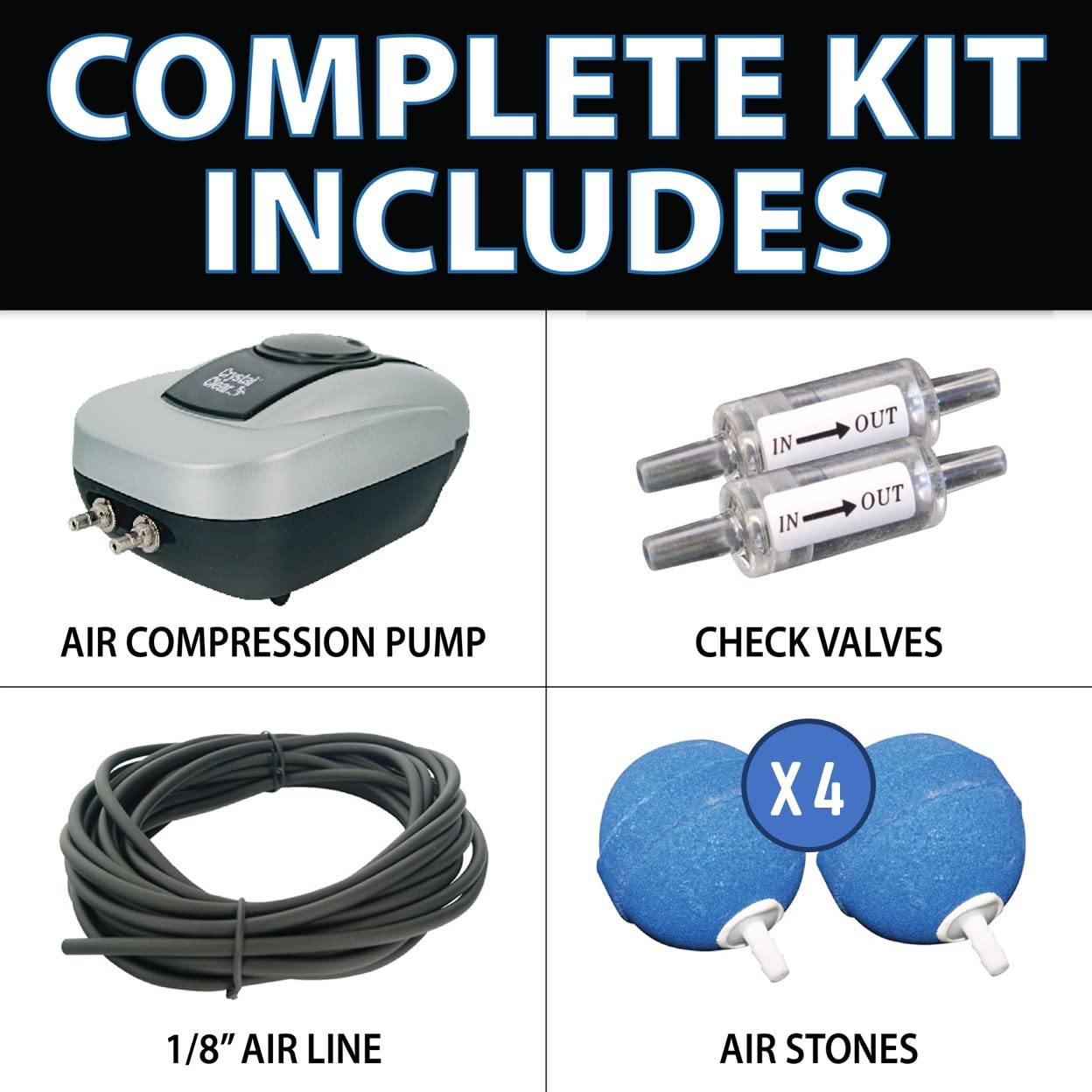 CrystalClear PondAir 4, Complete Aeration Kit, Whisper Quiet Water Garden Oxygenation Bubbler System Adds Oxygen to Koi & Fish Ponds, Outdoor Aerator Compressor Pump, Tubing & 4 Air Submersible Stone