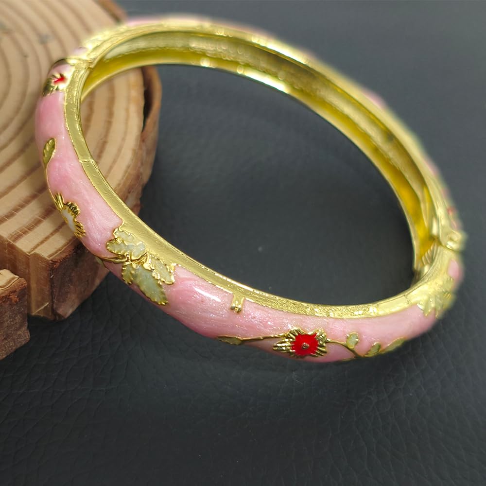 Cloisonne Bracelet For Women, Chunky Bangle Trendy Cute Flower Enamel Bangles Multi Tone Engraved Cuff Gold Plated Bracelets Stackable Wife Jewelry Friendship Gift (Blue&Pink Set, One Size)