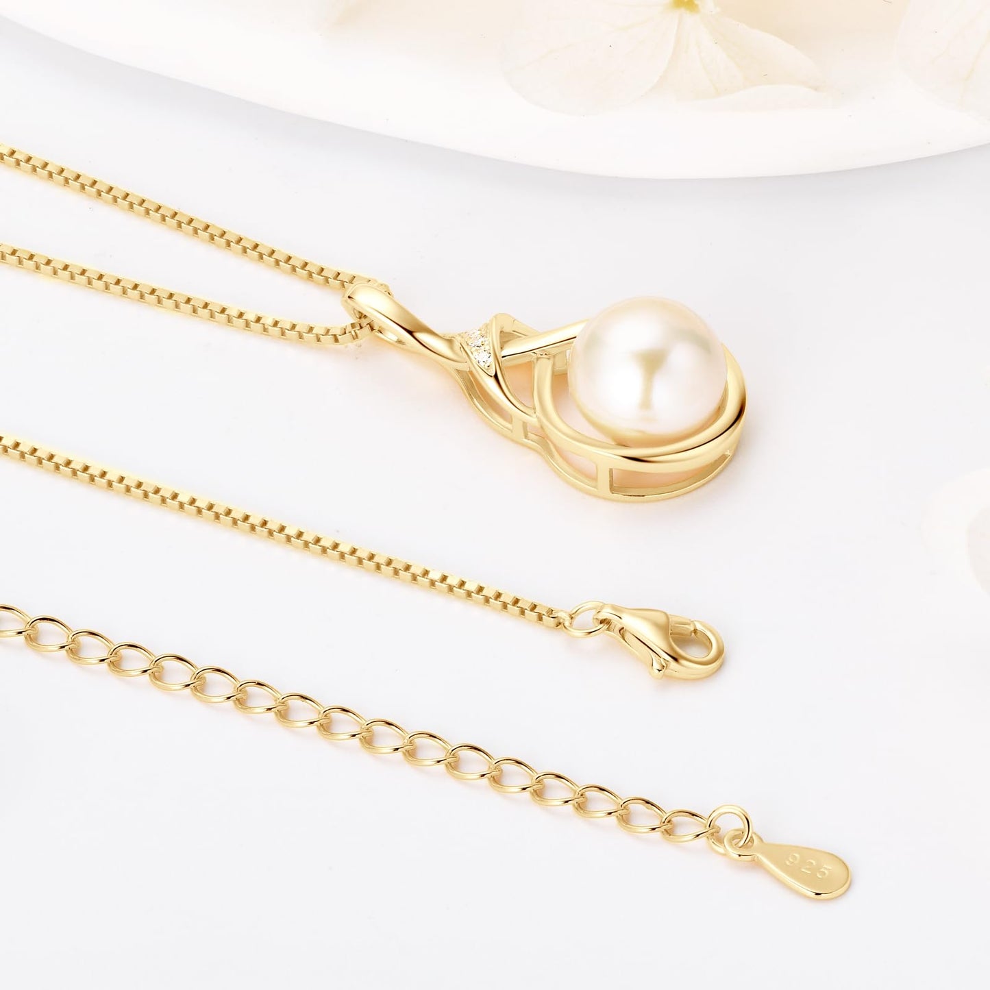 14K Gold Plated Pearl Pendant Necklaces for Women, Dainty Freshwater Pearl with 925 Sterling Silver Necklace Chain, Shiny Moissanite Jewelry Gifts for Mom Wife