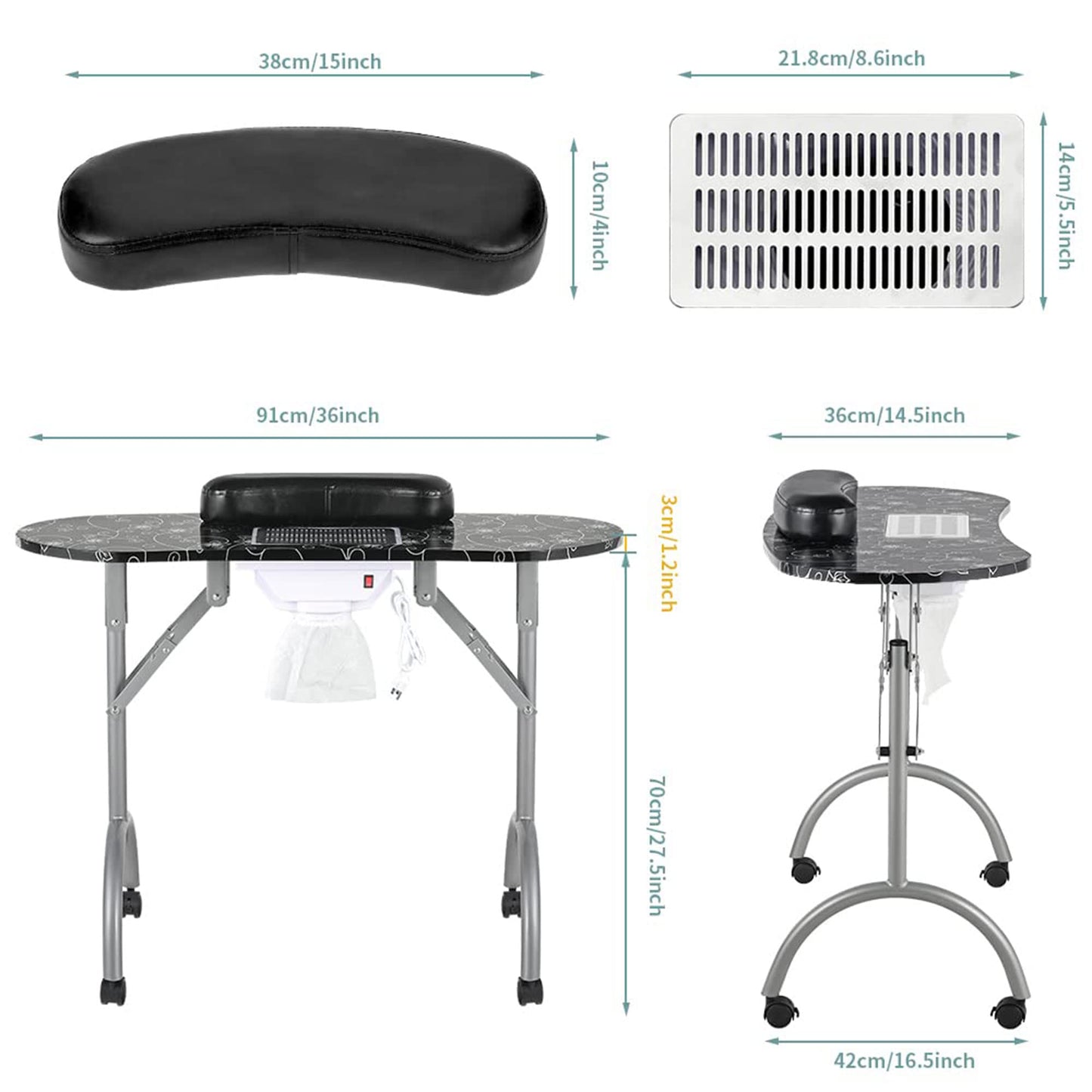 LEIBOU Professional 35''L Portable & Foldable Manicure Table Nail Technician Desk Workstation Salon Spa with Magnifier USB LED Lamp,Fan dust Collector,Sponge,Carrying Bag (Black Flower)
