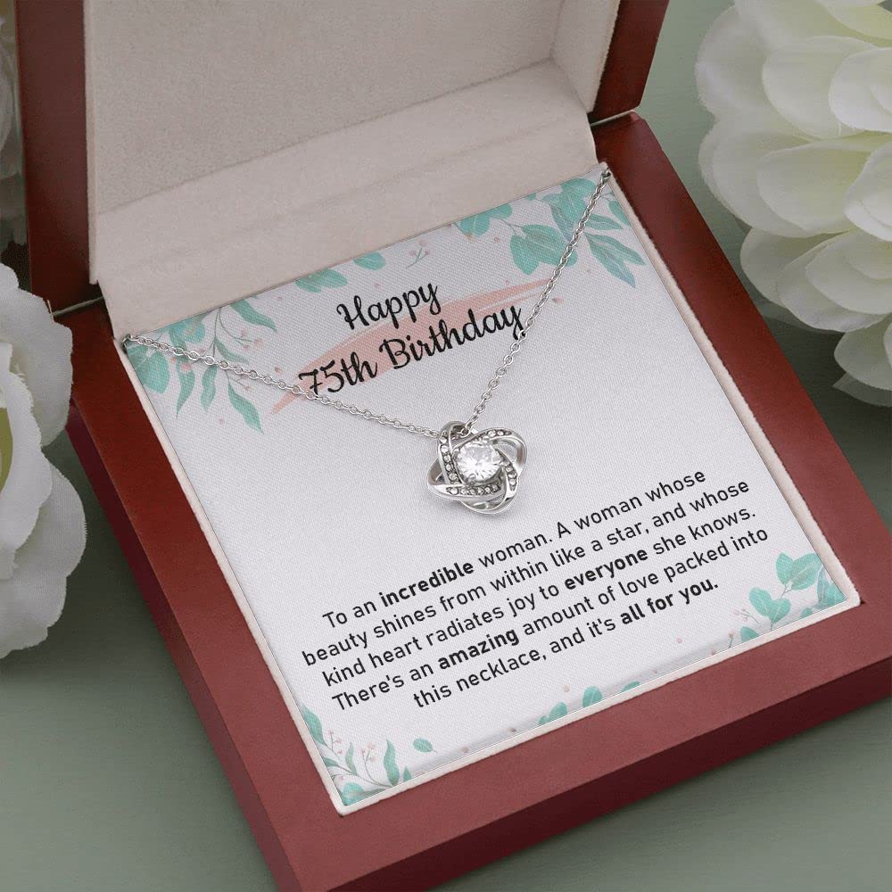 75th Birthday Gifts for Women, Elegant Love Knot Necklace with Message Card, Jewelry Gift for Grandma, Mom, or Wife, Milestone Birthday Keepsake