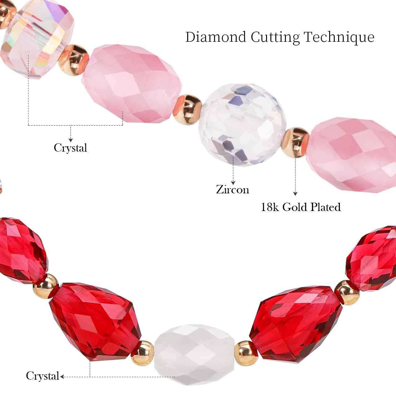 Gmissbabicoo Healing Crystal Necklace for Women Spiritual Zircon Beads Handmade Cat Eye Gemstone with 18k Golden Plated Red Pink Crystals Stones Beaded Necklaces with Jewelry Box