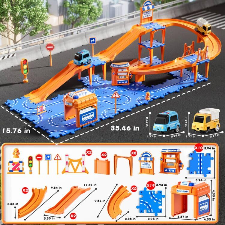 NIPLOOOW Puzzle Race Car Track Set for Kids 3-5, Floor Puzzle Track Car Set, Toddler Toys for 3 4 5 6 Years Old Boys, Toys Gift for Kids Boys Girls Age 3 4 5 6 7 8 Years Old