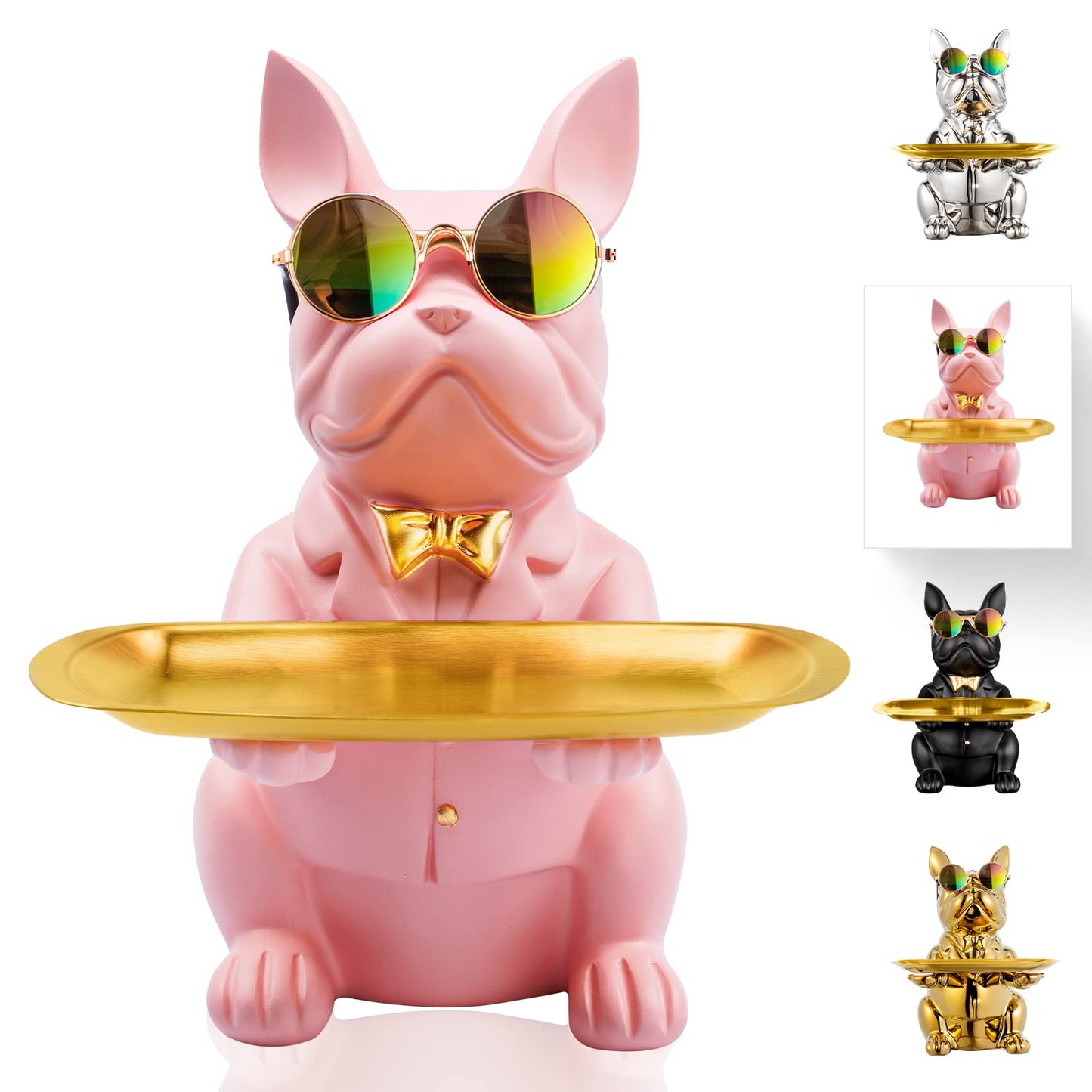 bwytbwy French Bulldog Statue,Resin Bulldog Key Tray for Entryway Decor, Key Holder Organizer for Entryway Table, French Bulldog Gifts Pink