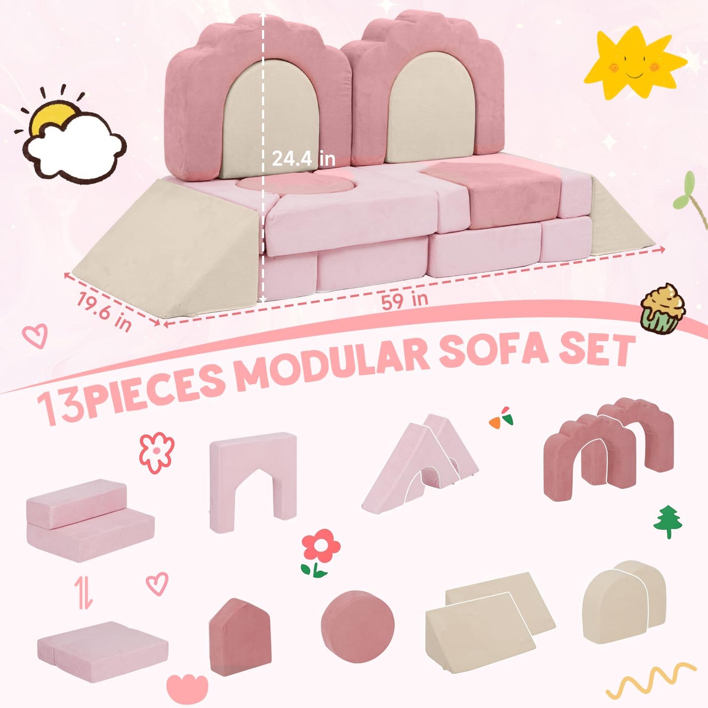 MOOZHEALTH 13 Pieces Foam Climbing Blocks for Toddlers|Floral Baby Soft Play Gym,Kids Indoor Crawing Climbers & Play Structures for Bedroom,Livingroom & Playroom,Pink & Beige