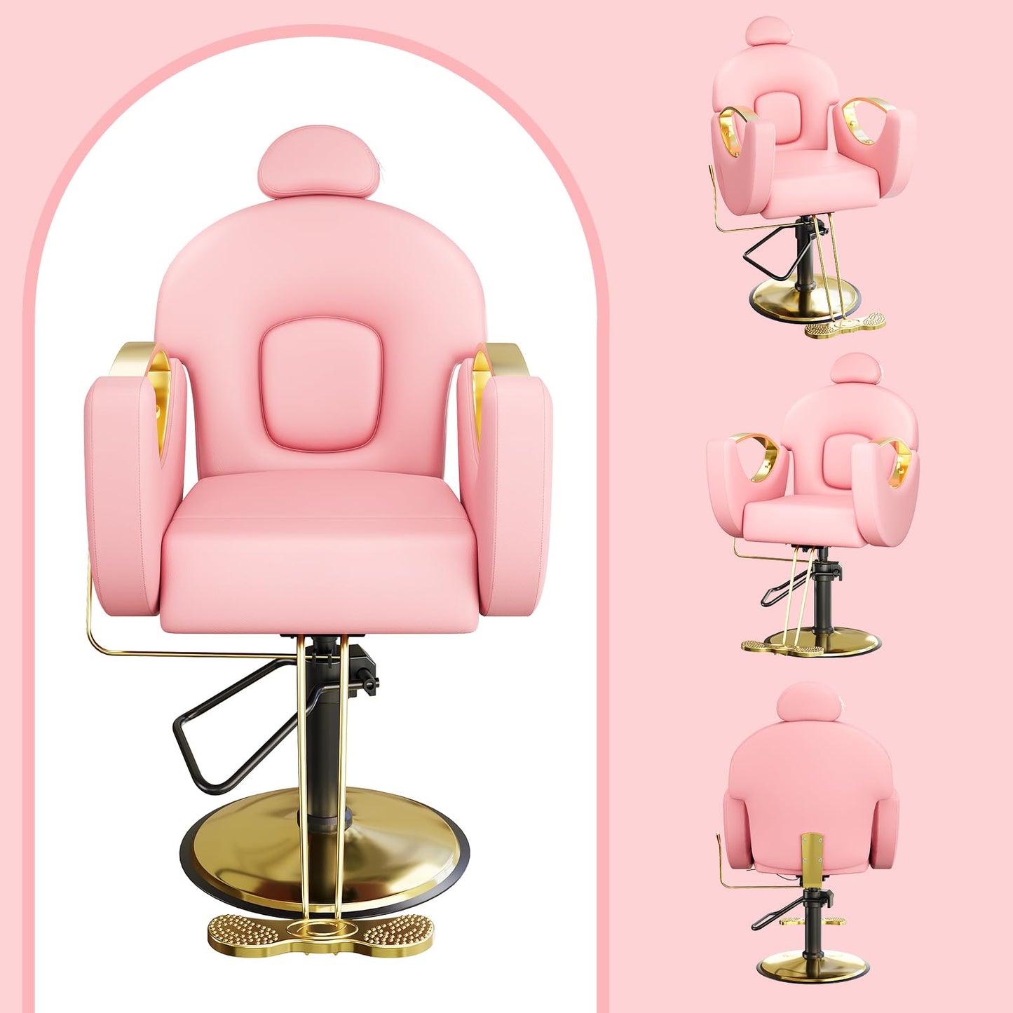 BouPower Barber Salon Chair, Height Adjustable Hydraulic Hair Reclining Salon Chairs, 360 Degrees Rotation, Multi-Function for Barbershop, Spa, Pink