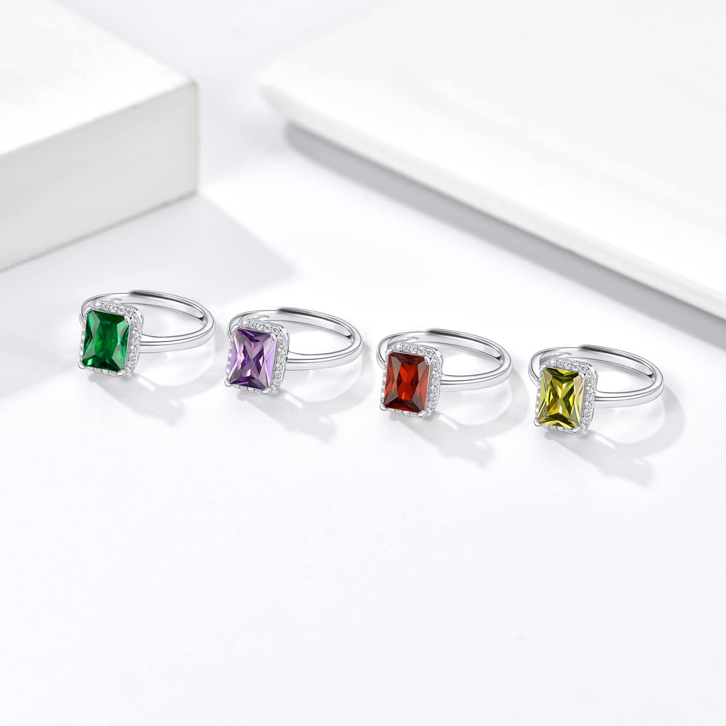 Bestyle Square May Emerald Birthstone Rings Embellished with White Cubic Zirconia Minimalist Sterling Silver Open Band Gemstone Rings for Birthday/Christmas/Party/Anniversary/Wedding