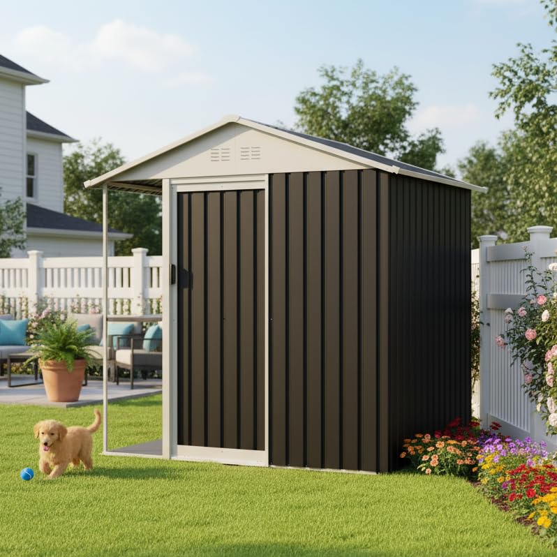 6 x 4 FT Outdoor Storage Shed, Metal Garden Shed with Storage Shelves and Vents, Tool Sheds for Patio Backyard Lawn, Bike Storage Shed, All Weather Use, Black