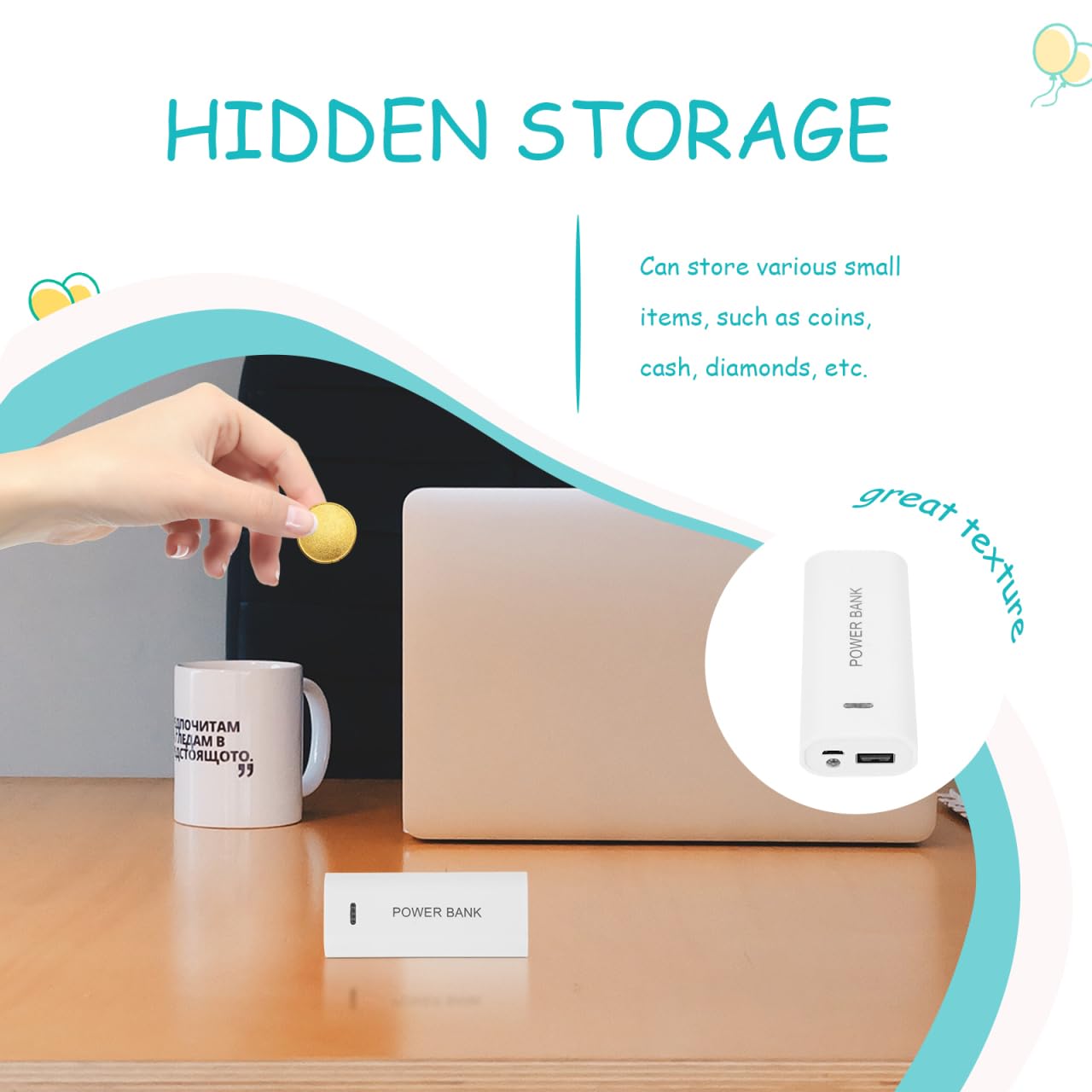 PRETYZOOM Hidden Storage Box Fake Power Bank Secret Compartment for Coins Cash Jewelry Compact Portable 3.81X1.57X0.86 Inch