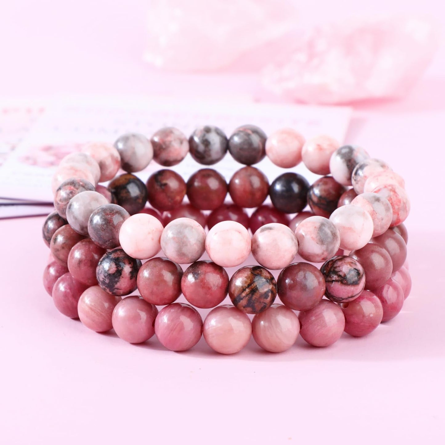 CMBYN 3-Pieces 8mm Natural Crystal Gemstone – ﻿Rhodochrosite, Pink Zebra, Pink Black Rhodonite Handmade Reiki Energy Healing Stretch Bracelets Jewelry for Yoga, Meditation, Unisex