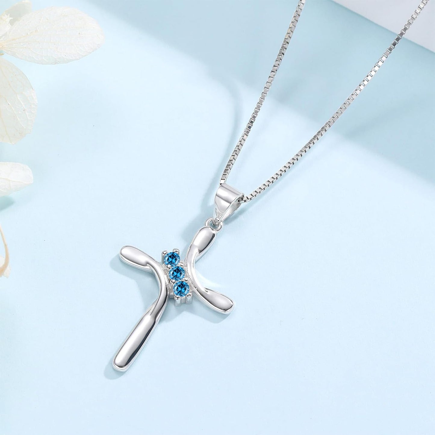 EVERU S925 Sterling Silver Cross Necklace for Women Birthstone Necklace with Cubic Zirconia 18K Gold Plated Cross Pendant Jewelry Ideal Gift Blue Topaz December